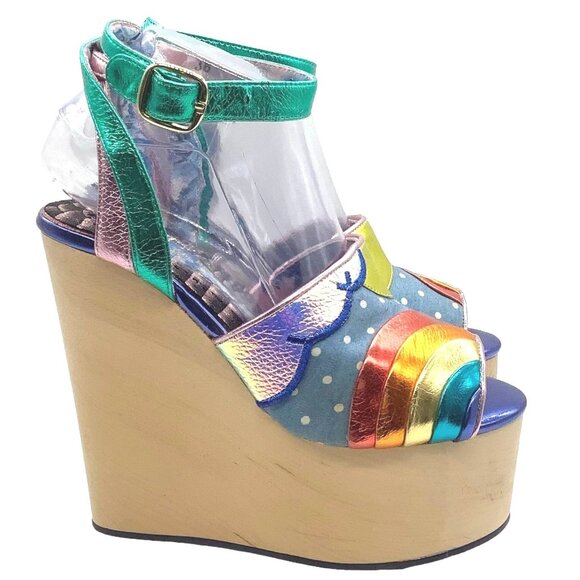 IRREGULAR CHOICE Funshine Retro 70s Rainbow Platform Wedge Sandals Heels Novelty - Picture 4 of 12